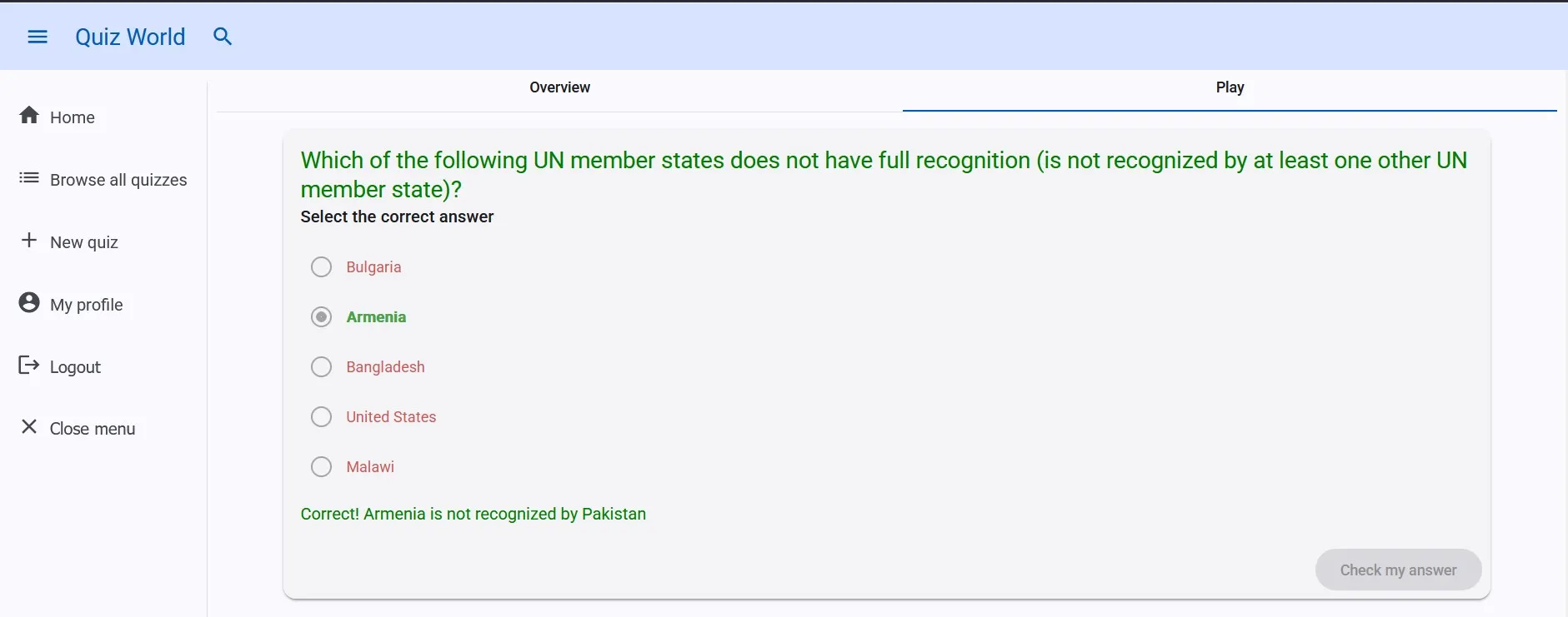 A user answering a single choice question correctly. The question features notes which give the user more context